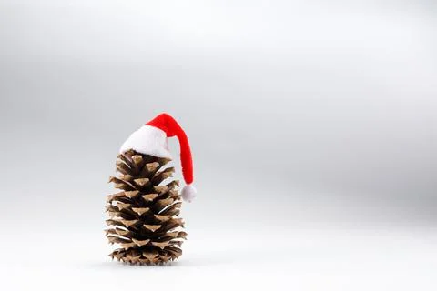 Pine cone in a New Year's cap isolated on a white background. Close-up. New Y Stock Photos