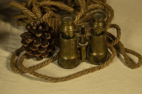 Pine cone next to antique brass binoculars and rope. Stock Photos