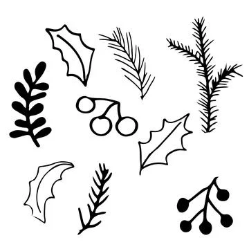 Pine cone, pine tree branch, berries and leaves set in doodle style isolated on Illustrazione stock