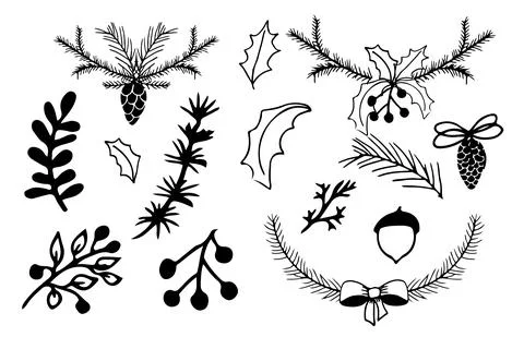 Pine cone, pine tree branch, berries and leaves, border ans mistletoe set in 스톡 일러스트