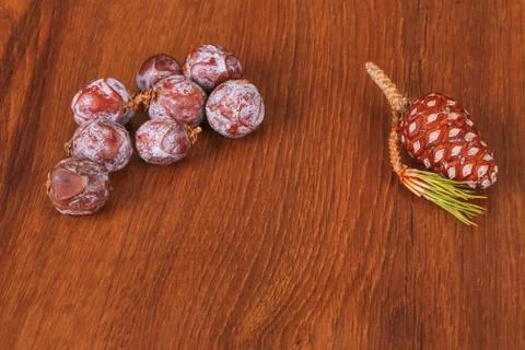 The pine cone on the wood Stock Photos