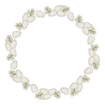 Pine Cone Wreath. Circular Frame with Line Art Pine Cones And Coniferous ne.. Stock Illustration