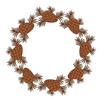 Pine Cone Wreath. Circular Frame With Brown Cones And Green Coniferous Need.. Stock Illustration