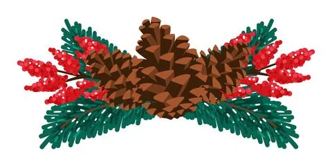 Pine Cones and Red Berries Winter Composition Stock Illustration