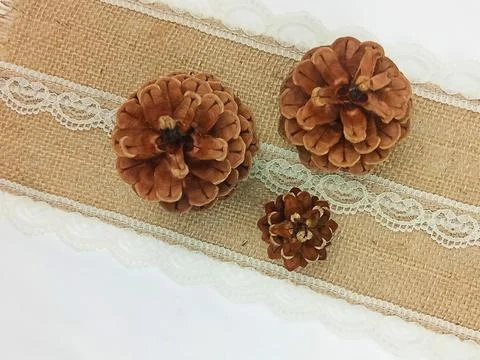 Pine Cones on Burlap with Lace, Rustic Flat Lay Background Stock Photos
