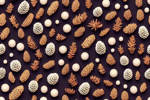 Pine cones festive background with fir branch, seamless pattern. Digital illu Stock Illustration