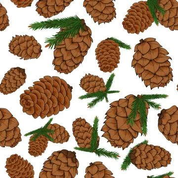 Pine cones with pine branches seamless background Stock Illustration