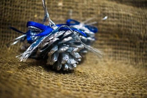 Pine cones in silver paint with a blue ribbon on a colored background Stock Photos