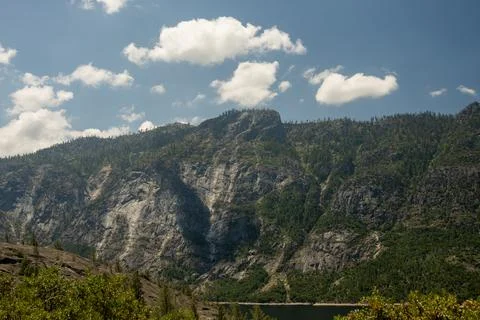 Pine Covered Granite Formations in Hetch Hetchy Valley 库存照片