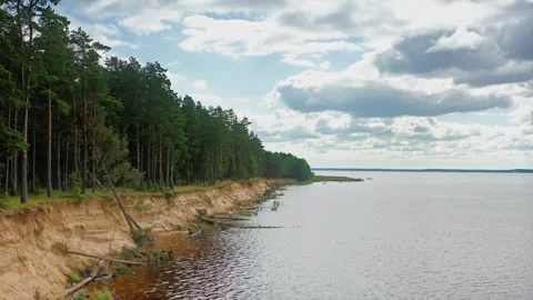 Pine Desperate Hold, Sandy Cliffs Yield to Reservoir Waves, Sky Moody Dance Stock Footage 257770812