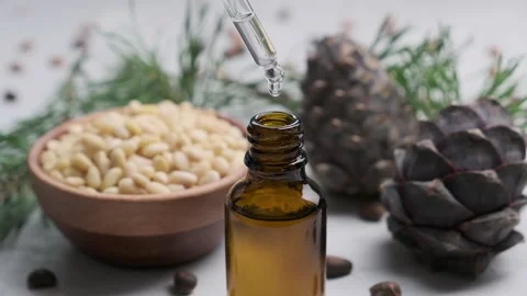 Pine essential oil with pine cones and nuts dripping from pipette Stock Footage