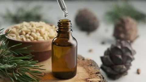 Pine essential oil with pine cones and nuts dripping from pipette to the bottle. Stock Footage 159337782