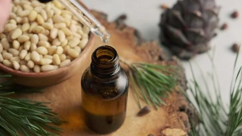 Pine essential oil with pine cones and nuts dripping from pipette to the bottle Stock Footage 159744025
