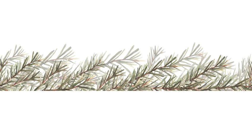 Pine, fir tree branches seamless border. Spruce with needles. Watercolor winter Illustrazione stock