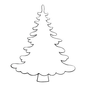 Pine, fir, tree vector contour silhouette in doodle style, isolated. Clipart, Illustrazione stock
