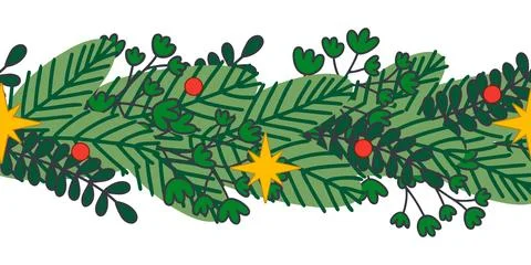 Pine Foliage and Berries Seamless Garland Border Stock Illustration
