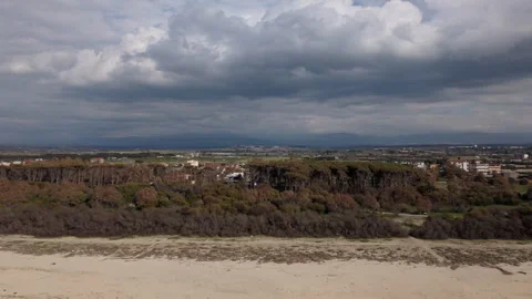 Pine forest and beach at San Ferdinando Calabria under storm clouds Stock Footage 346652275