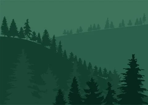Pine forest and mountains vector backgrounds. Panorama taiga silhouette Stock Illustration