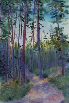 Pine forest at dusk Illustrazione stock