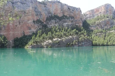 Pine Forest on Limestone Cliffs by Cortes de Pallas Reservoir 스톡 사진