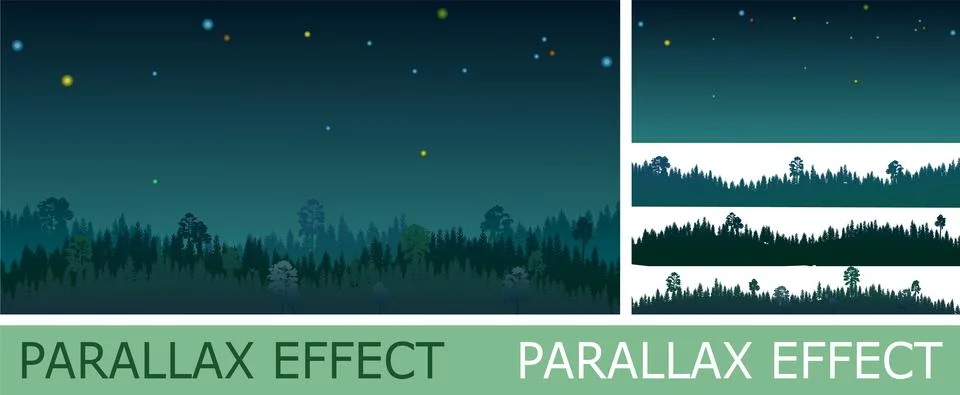 Pine forest at night with parallax effect. Silhouettes of coniferous trees in Stockillustratie