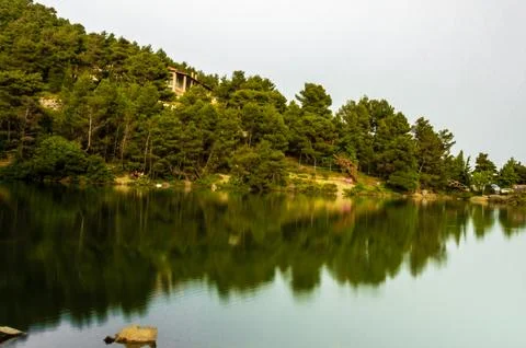 Pine forest reflection in Beletsi Lake, Attica, Greece with hillside houses. Stock Photos
