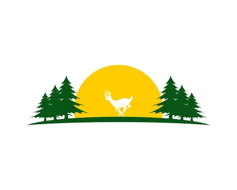 Pine forest with running deer and sunset behind Stock Illustration