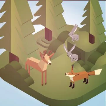 Pine Forest Scene with Deer, Fox, and Rabbit Isometric Style - Vector Illus.. Stock Illustration