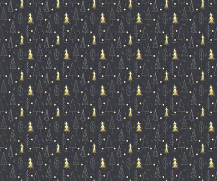 Pine forest, seamless golden pattern background in doodle style. sketch trees. Stock Illustration