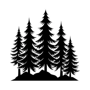 Pine forest silhouette with three evergreen trees on hill landscape Stock Illustration