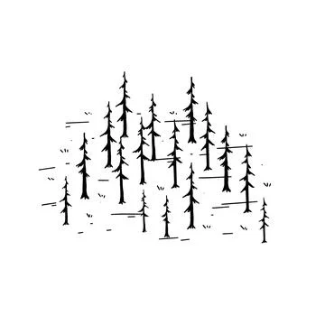 Pine forest. Silhouettes of old dead trees. Swamp area for retro maps. Illustrazione stock