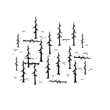 Pine forest. Silhouettes of old dead trees. Swamp area for retro maps. Stock Illustration