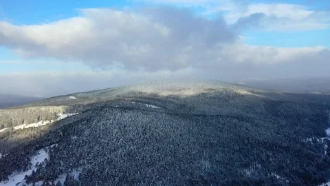 Pine forest, snow, mountains, blue sky, clouds, aerial photography Video stock 123757412