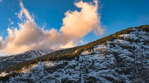 Pine forest on the tope of mountain range illuminated in sunset light, Andorra Stock Photos