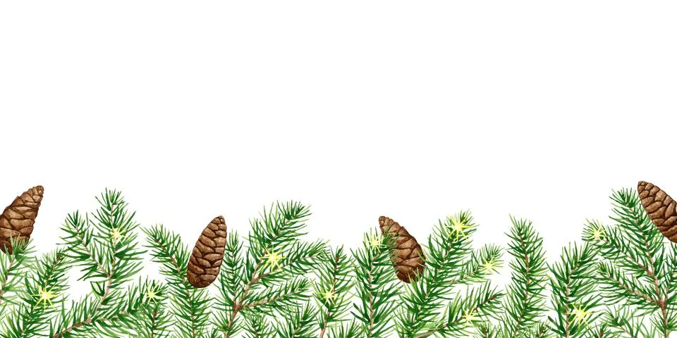 Pine frame with branchs, pine cones and lights, Watercolor Christmas Border Stock Illustration