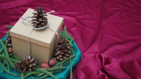Pine leaves, dried pine, and gift box with red background. Concept of Christmas Stock Photos