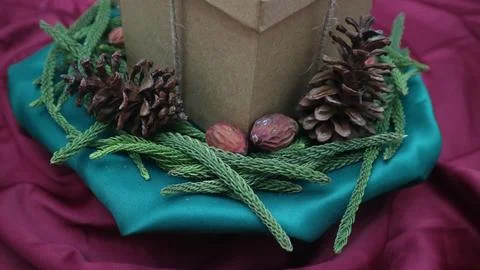 Pine leaves, dried pine, and gift box with red background. Concept of Christmas Stock Photos