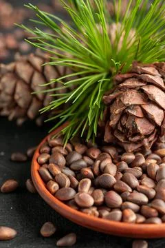 Pine nut in shell in a clay plate. Nearby are pine cones and needles. Close-u Stock Photos