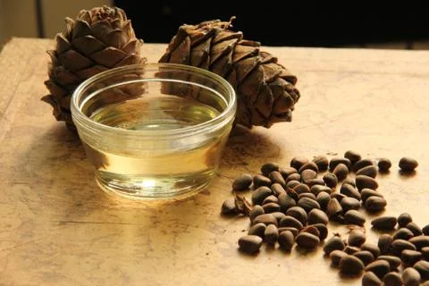 Pine nuts and bottle of essential oil Stock Photos
