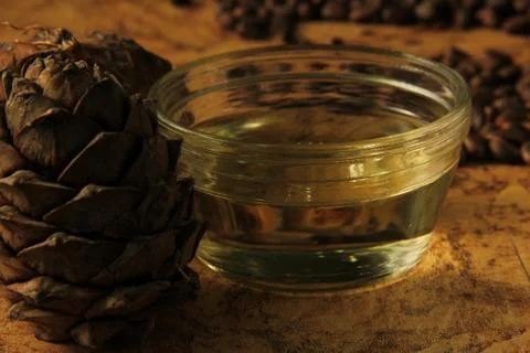 Pine nuts and bottle of essential oil Stock Photos