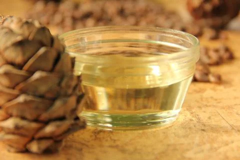 Pine nuts and bottle of essential oil Stock Photos