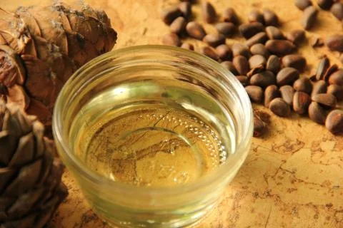 Pine nuts and bottle of essential oil Stock Photos