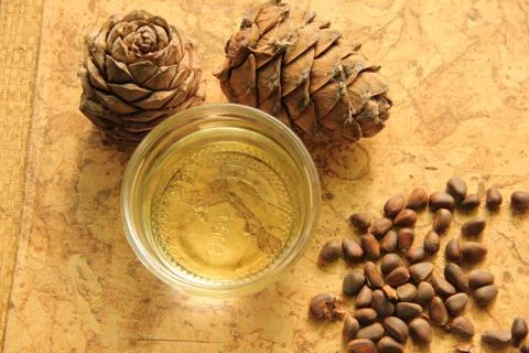 Pine nuts and bottle of essential oil Stock Photos