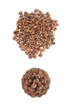 Pine nuts and pine cone on wooden table Stock Photos