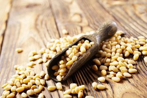 Pine nuts (cedar nuts). Delicious siberian product with nice taste and hale.  Foto stock