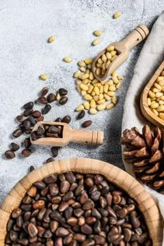 Pine nuts peeled and in the shell. Gray background. Top view Foto stock