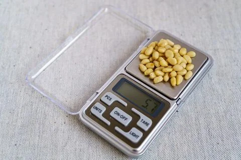 Pine nuts on a scales. Top view Stock Photos