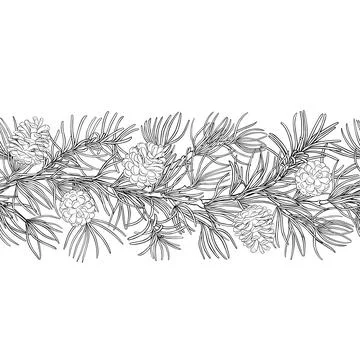 Pine Outline Horizontal Seamless Pattern. Illustrazione stock
