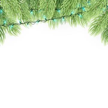 Pine realistic branches. Glowing lights Garlands Christmas tree decorations.  Stock Illustration