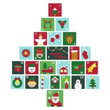 Pine Tree Advent Calendar with Christmas Symbols and Festive Icons Stock Illustration